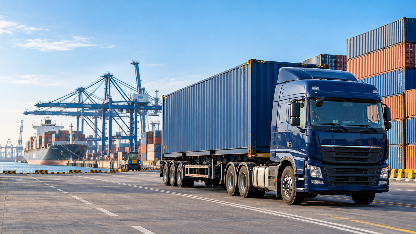 Xe đầu kéo vận chuyển container hàng khô tại cảng.